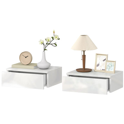 Set of 2 Wall Mounted Bedside Tables, High Gloss Floating Nightstands with Drawer, White Bedside Tables White at Gallery Canada