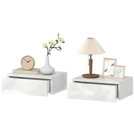 Set of 2 Wall Mounted Bedside Tables, High Gloss Floating Nightstands with Drawer, White Bedside Tables White at Gallery Canada