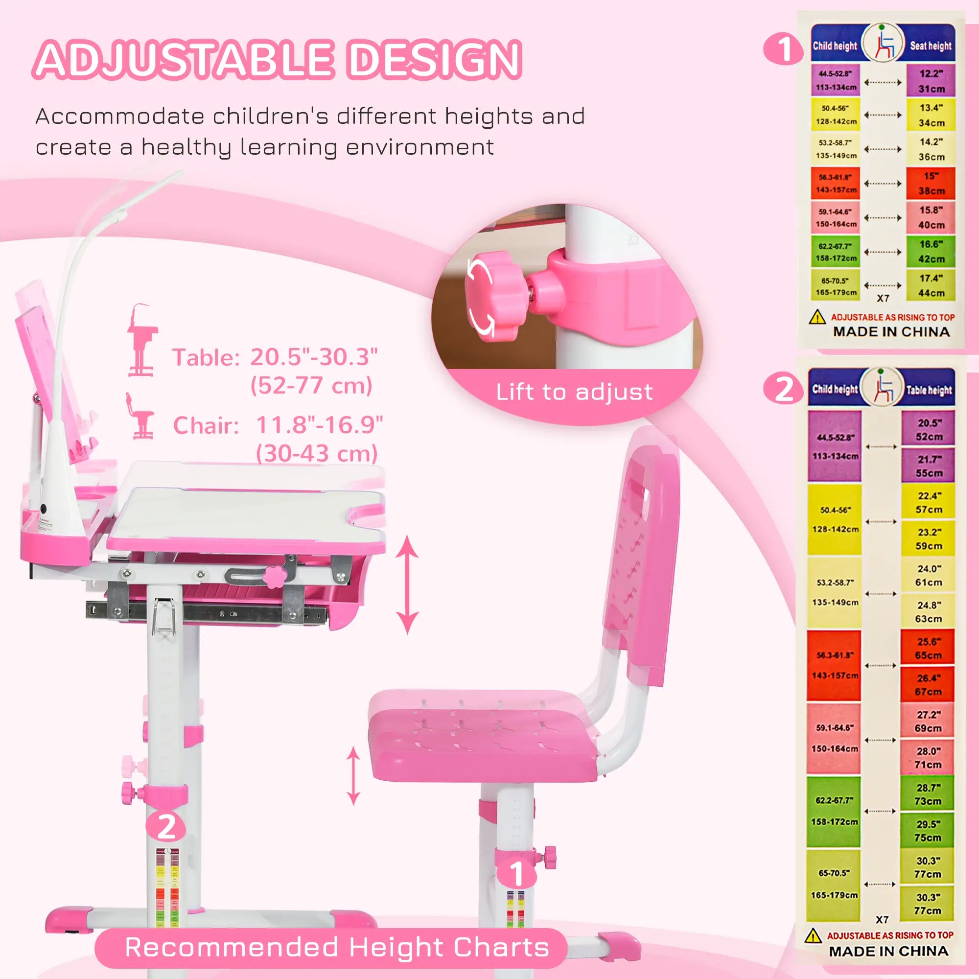 Kids Desk and Chair Set, Adjustable Height, Tilt Desktop, Pink Kids Desk Sets at Gallery Canada