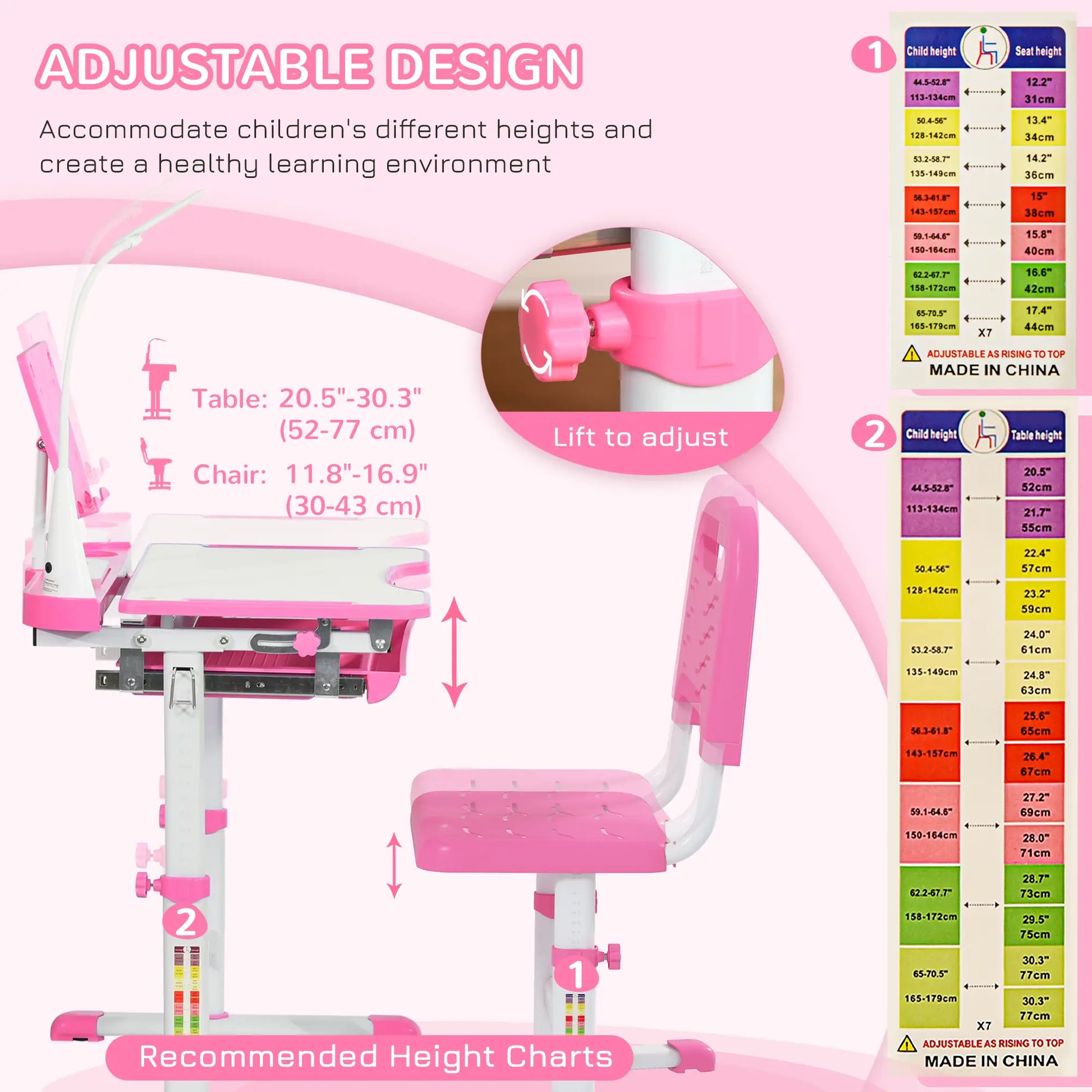 Kids Desk and Chair Set, Adjustable Height, Tilt Desktop, Pink Kids Desk Sets at Gallery Canada