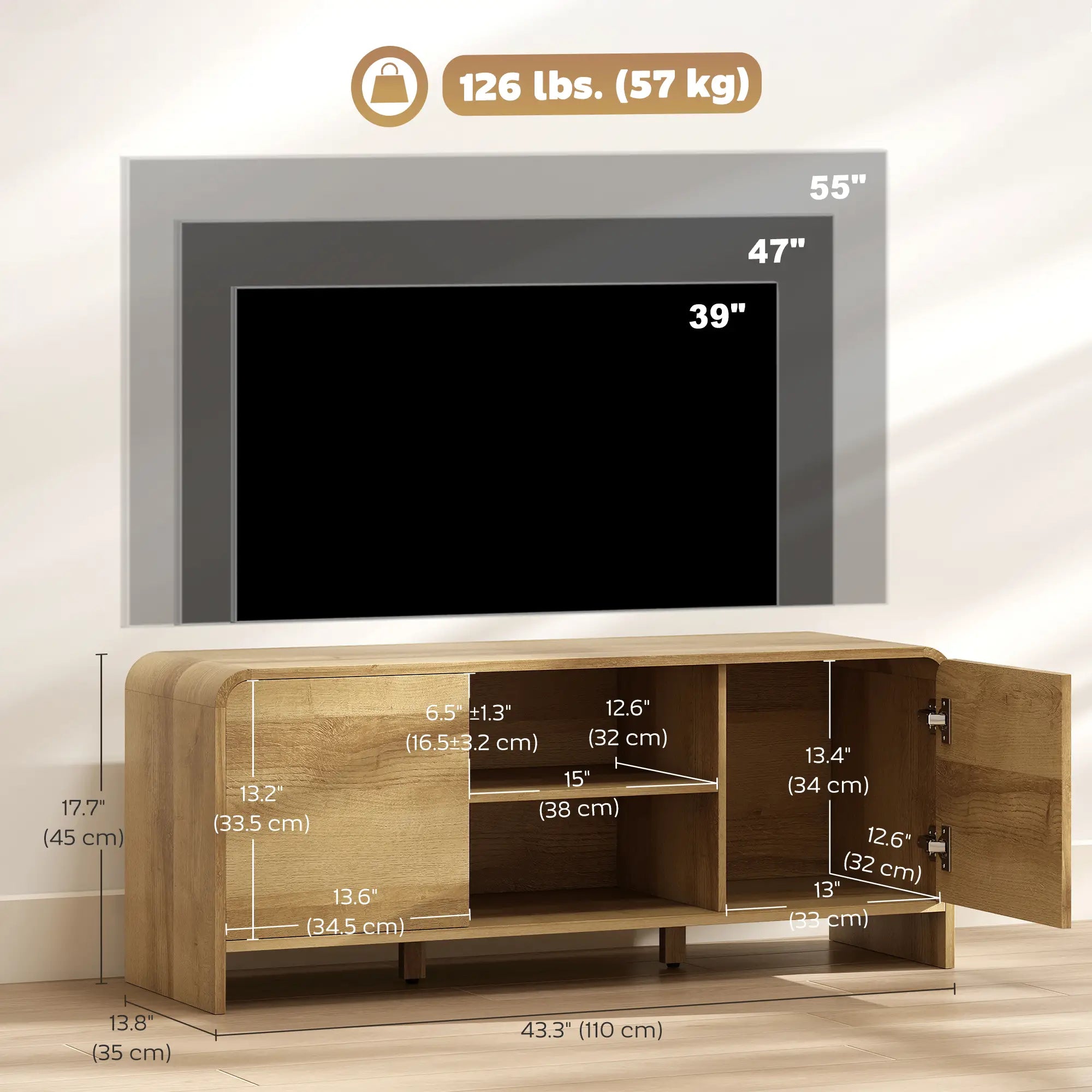 TV Stand For 55 Inch TV, Natural Wood Entertainment Center With 2 Cabinets TV Stands at Gallery Canada