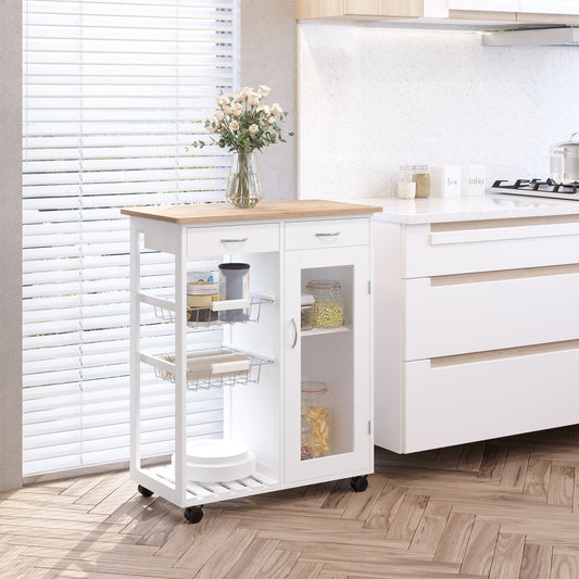 34" Rolling Wood Kitchen Trolley Serving Cart with Drawer and Cabinet Wheeled Kitchen Storage Island White with Bamboo Top - Gallery Canada
