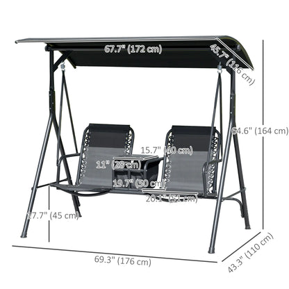 2 Person Porch Swing with Storage Table, Cup Holder, Canopy, Black Patio Swings with Stand at Gallery Canada