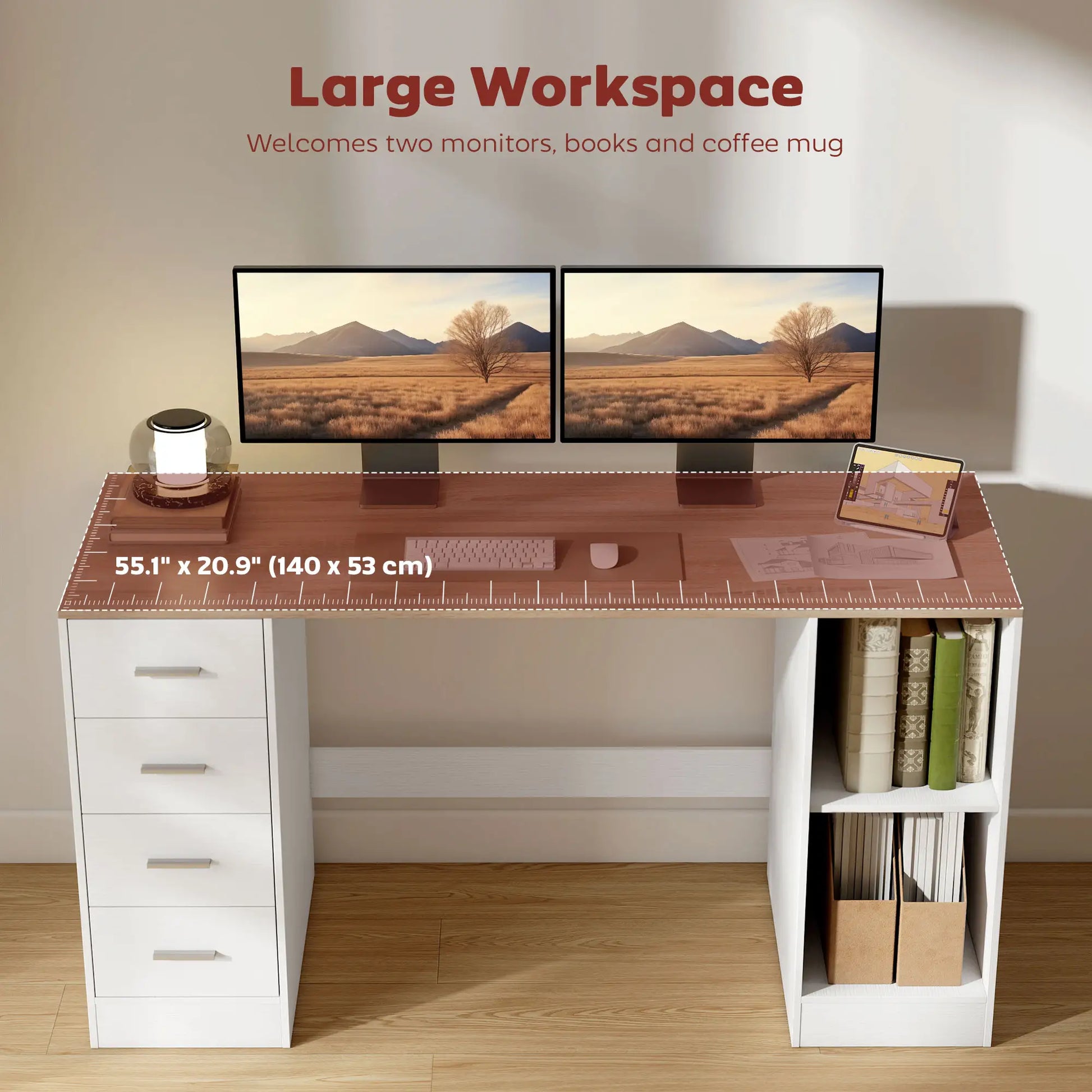 55 Inch Office Desk, White Wood Grain, 4 Reversible Drawers, Adjustable Shelf, White Computer Desks at Gallery Canada