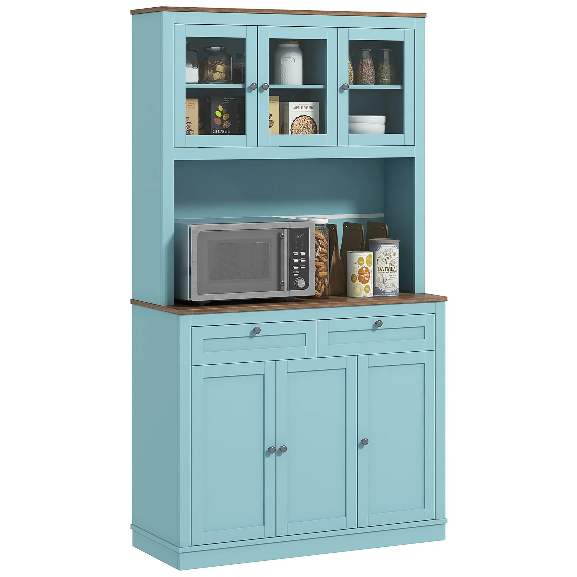 71" Pantry Cabinet with Microwave Space, Buffet Hutch, 2 Drawers, Adjustable Shelves, Glass Doors, Blue Kitchen Pantry Cabinets at Gallery Canada