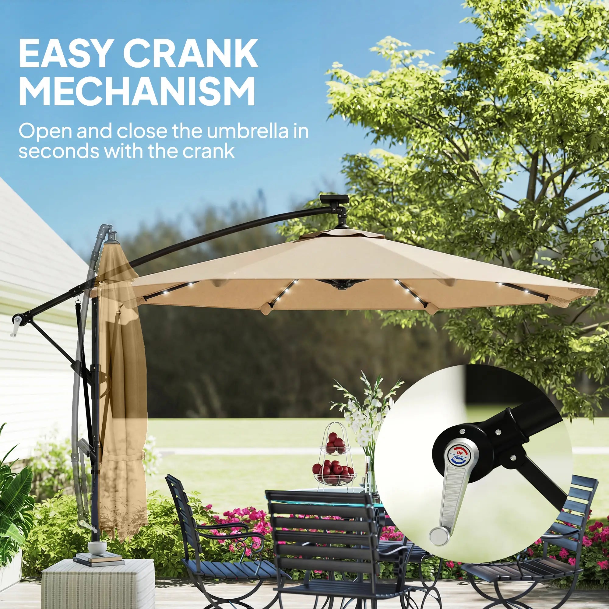 9.7ft Solar LED Cantilever Patio Umbrella, 32 Lights, Cross Base, Crank Handle, Khaki Offset Cantilever Umbrellas at Gallery Canada