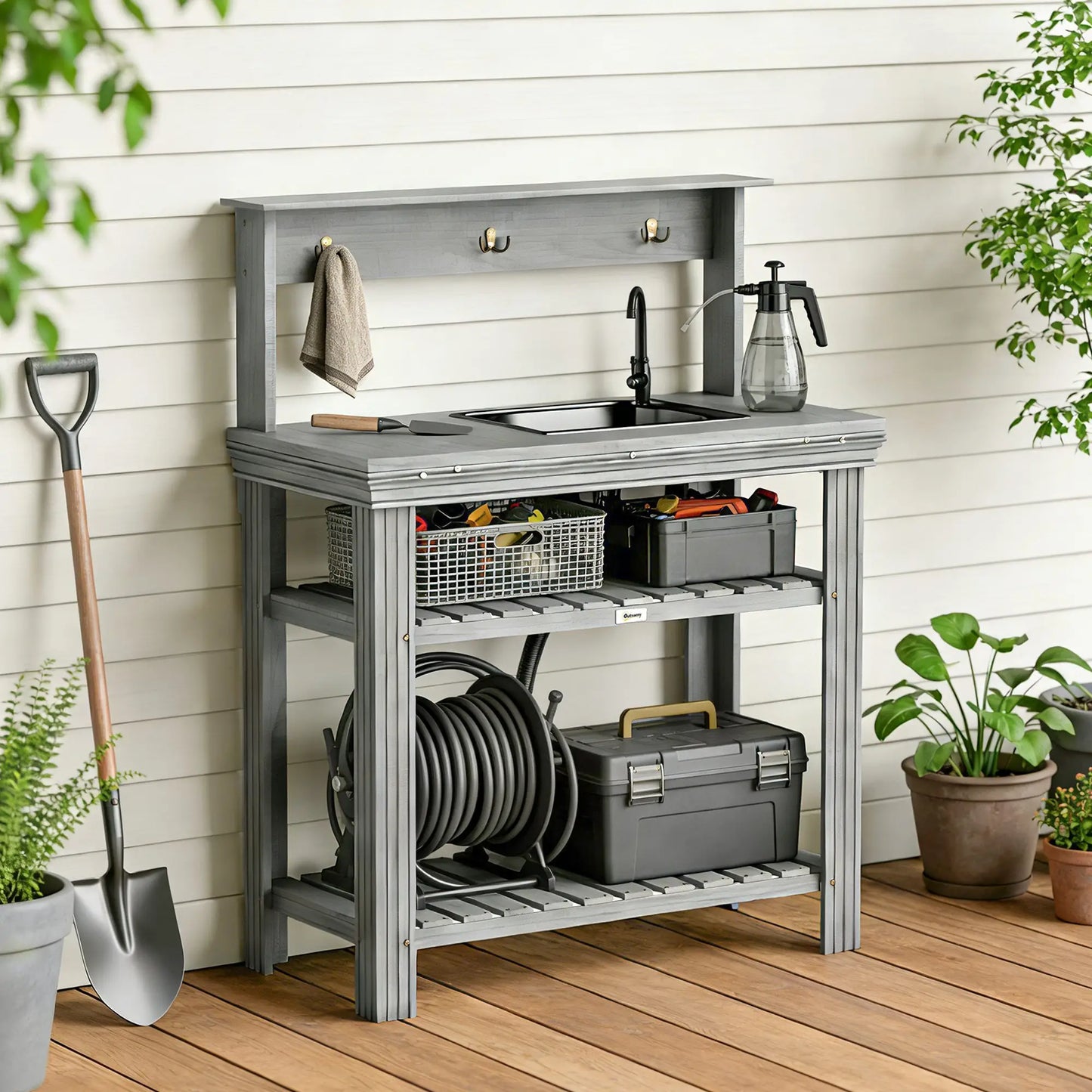 Outdoor Potting Bench With Faucet, Removable Sink, Hooks, Storage Shelves, Grey Potting Benches & Tables at Gallery Canada