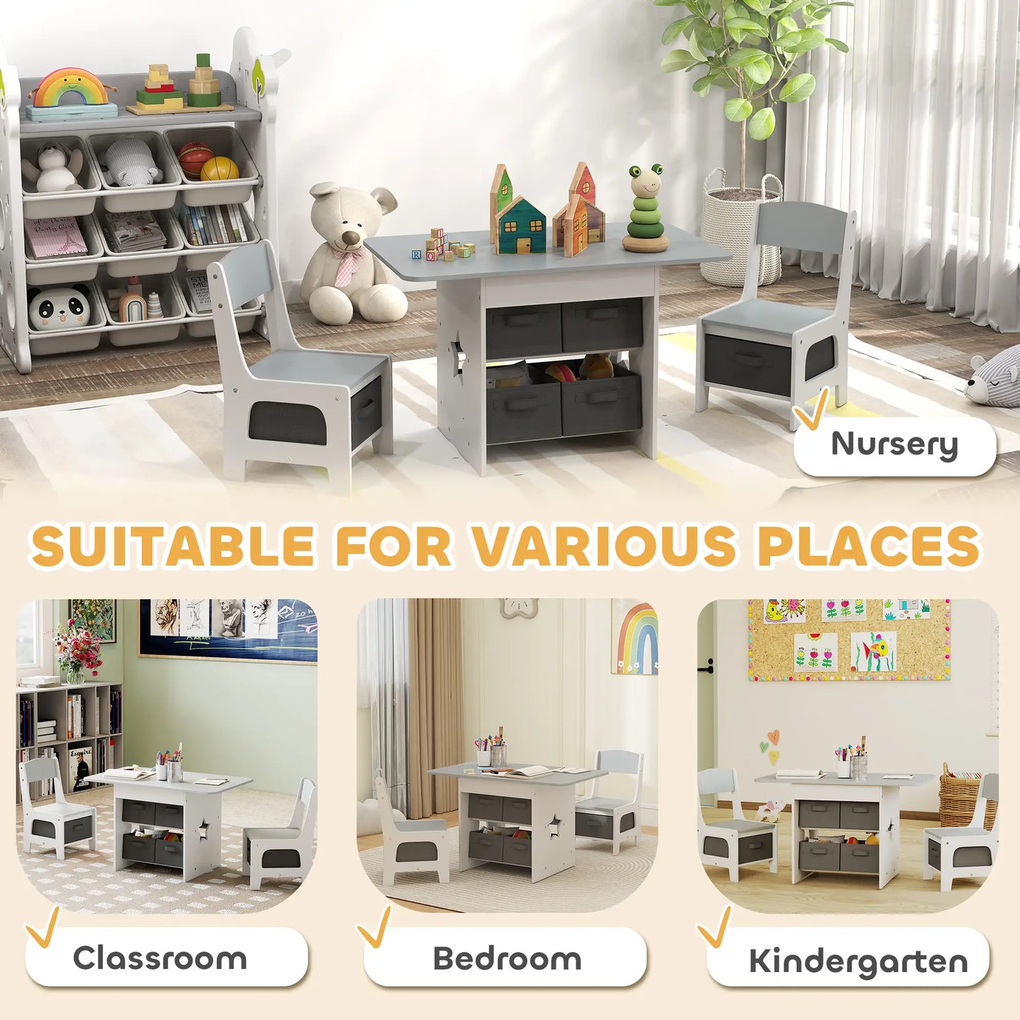 3 Piece Kids Table and Chair Set, 6 Removable Drawers, Light Grey Kids Table Sets at Gallery Canada