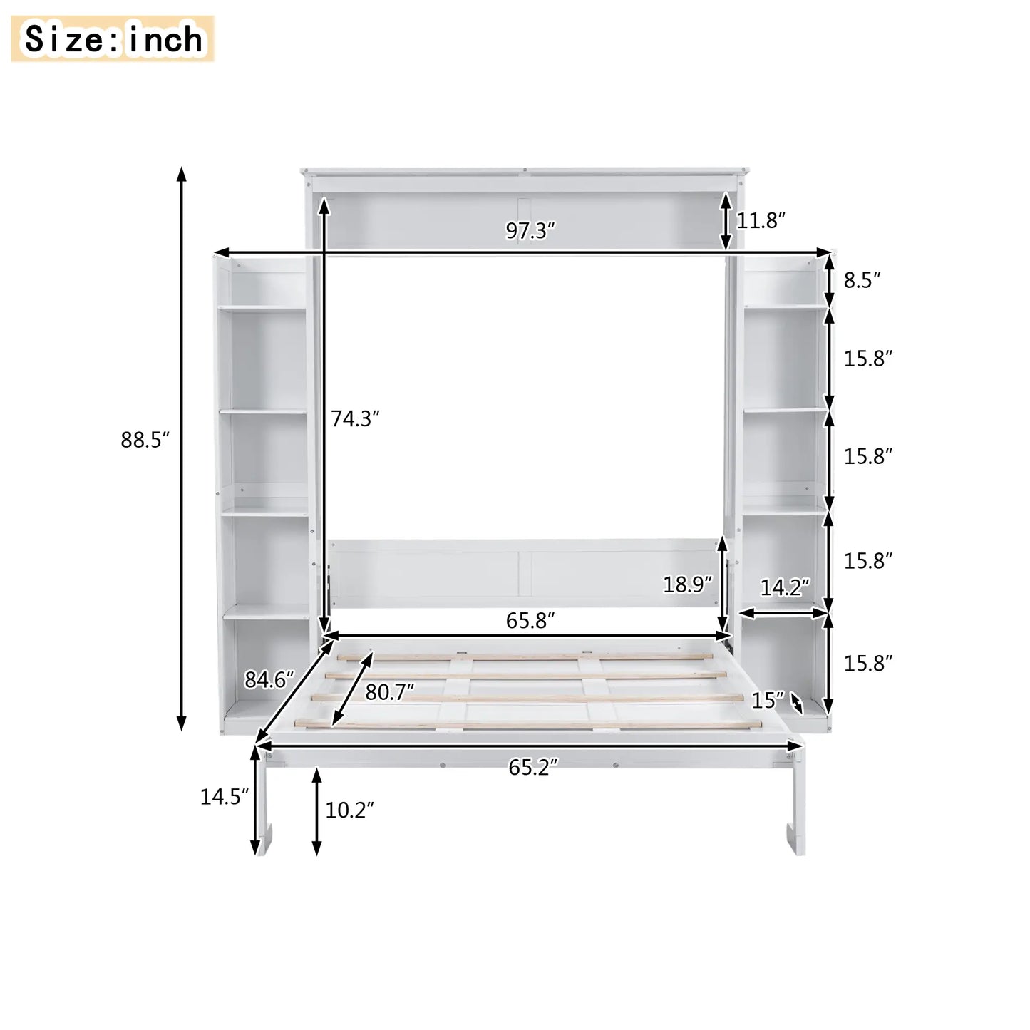 Murphy Bed with Shelves, LED Lights, 97.5" L x 84.5" W x 88.5" H, White Bed Frames at Gallery Canada