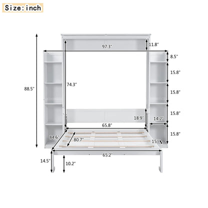 Murphy Bed with Shelves, LED Lights, 97.5" L x 84.5" W x 88.5" H, White Bed Frames at Gallery Canada