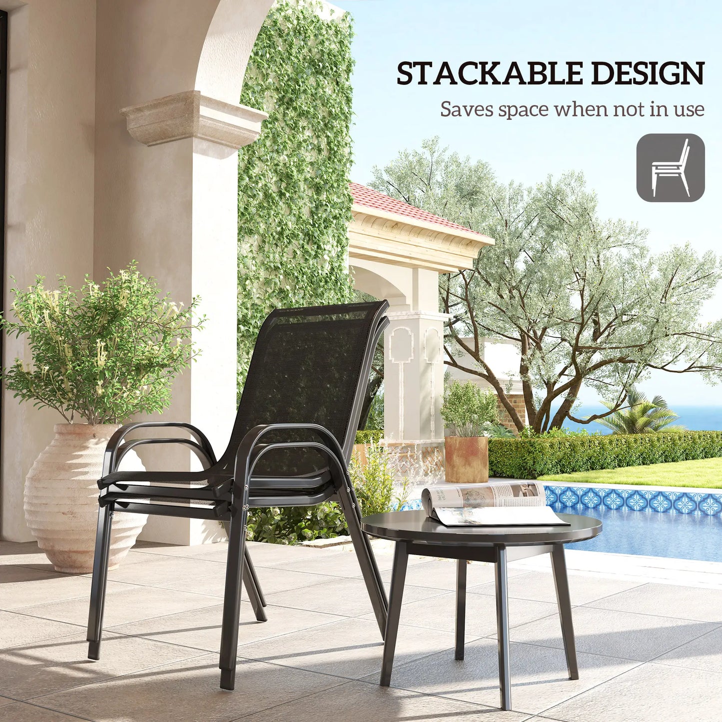 Outdoor Dining Chairs Set of 2, Stackable, High Back, Black Patio Chairs at Gallery Canada