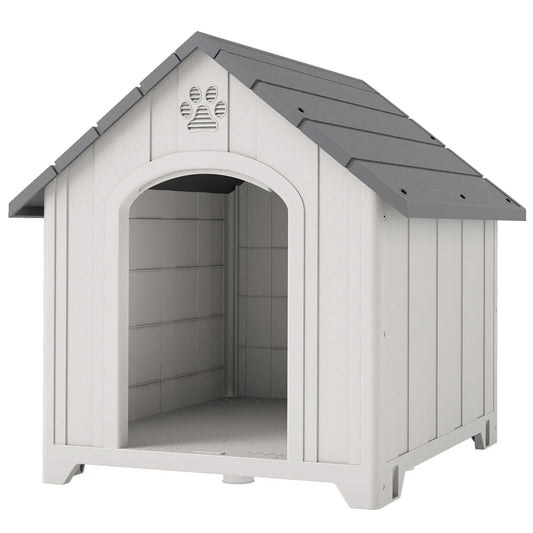 Large Plastic Dog House Outdoor Indoor, Water Resistant Puppy Shelter with Base Support, 34.6" L x 31.1" W x 35" H Dog Cages & Crates Light Grey, Grey at Gallery Canada
