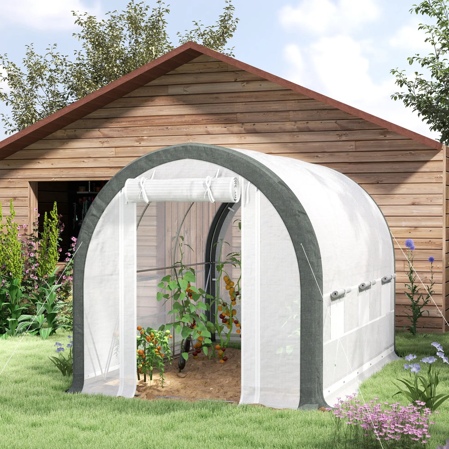 10'x6.6'x6.6' Tunnel Greenhouse, Mesh Door, Windows, Plant Labels, Gloves, White