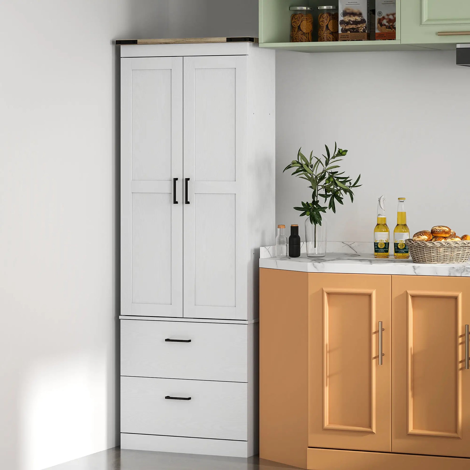 67" Tall Kitchen Pantry Cabinet, Doors, Drawers, Adjustable Shelves, Cream White Kitchen Pantry Cabinets at Gallery Canada