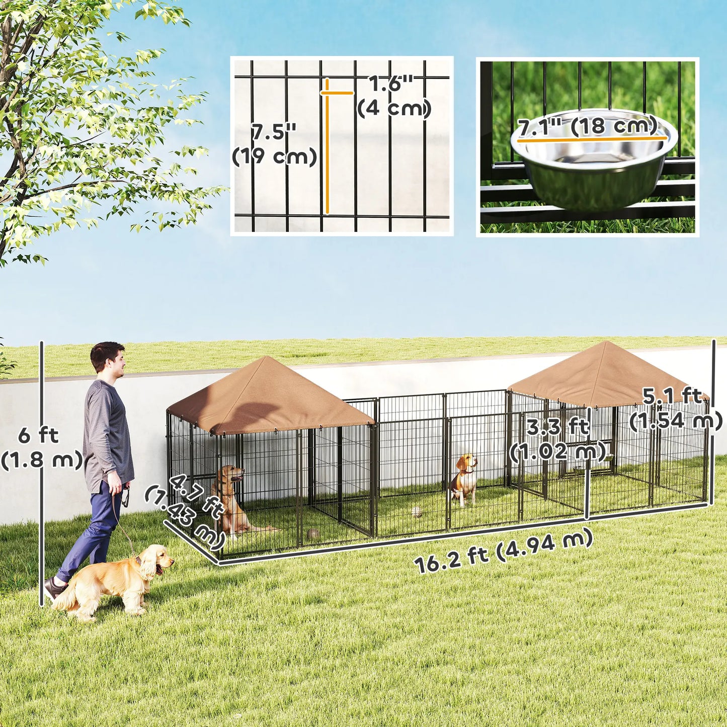 Outdoor Dog Kennel, 2 Rooms, Adjustable Bowls, Waterproof Cover, 16.2' x 4.7' x 5.1' Houses, Kennels & Pens at Gallery Canada