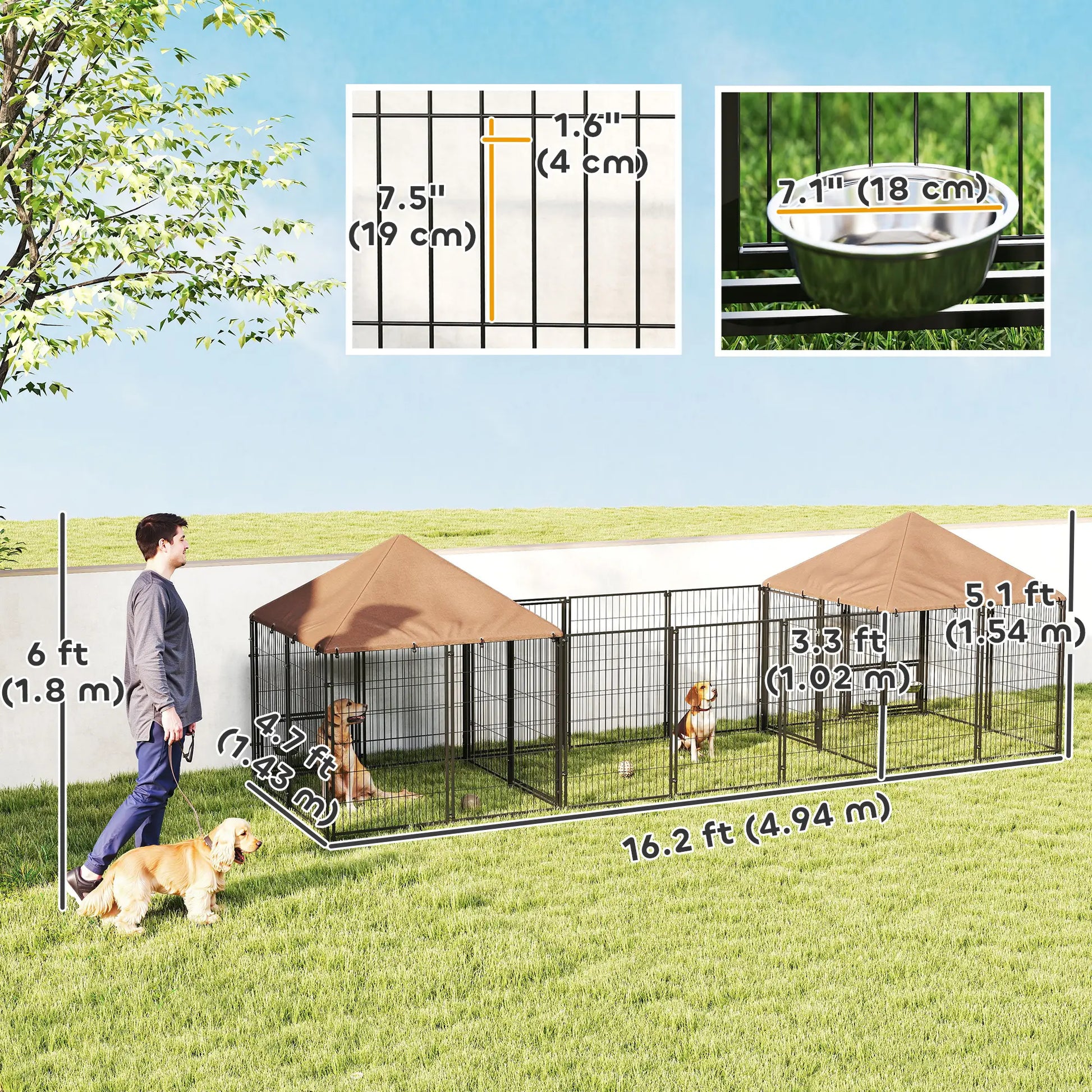 Outdoor Dog Kennel, 2 Rooms, Adjustable Bowls, Waterproof Cover, 16.2' x 4.7' x 5.1' Houses, Kennels & Pens at Gallery Canada