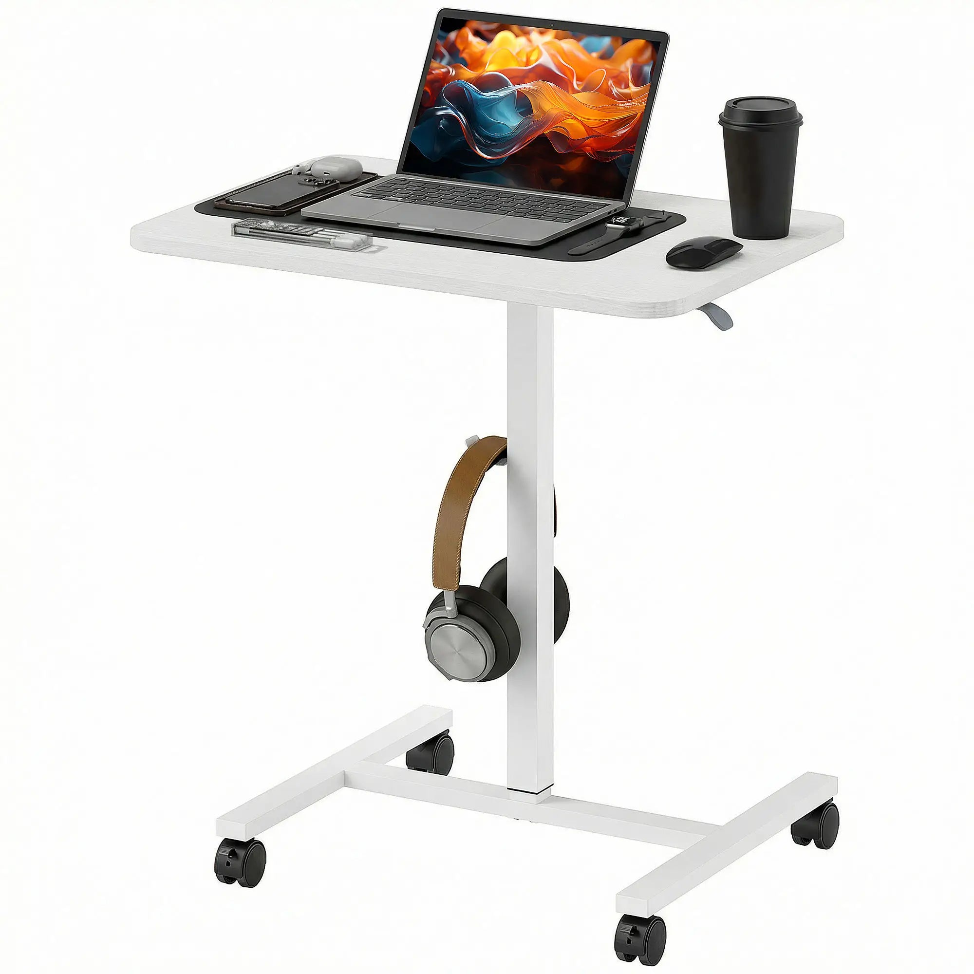 Height Adjustable Standing Desk, Pneumatic Sit Stand Desk, White Wood Grain, White Office Desks & Work Stations at Gallery Canada