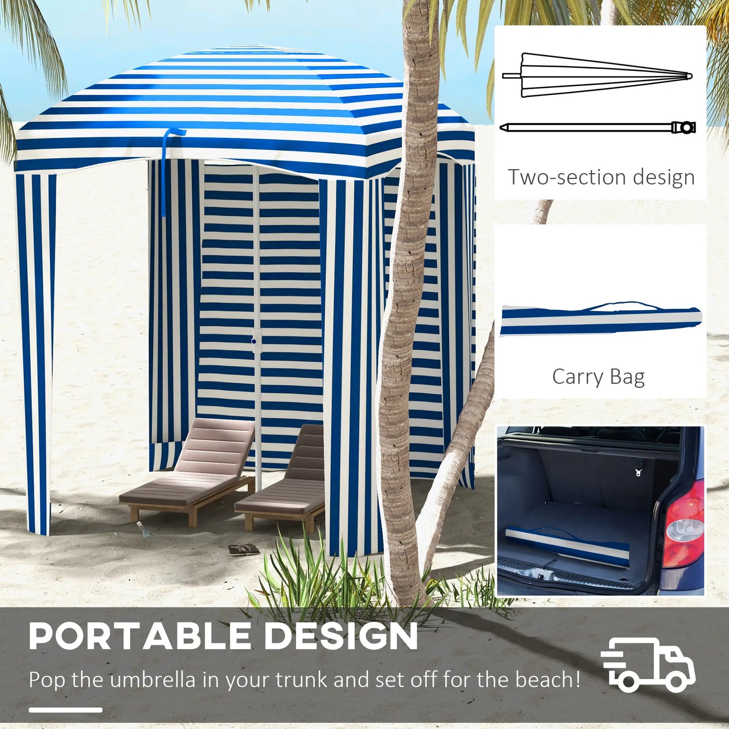 70.1" L x 70.1" W Cabana Umbrella With Walls, Vents, Ruffles, Carry Bag, Blue White Stripe