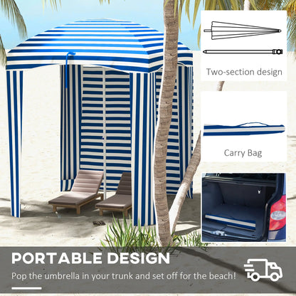 70.1" L x 70.1" W Cabana Umbrella With Walls, Vents, Ruffles, Carry Bag, Blue White Stripe