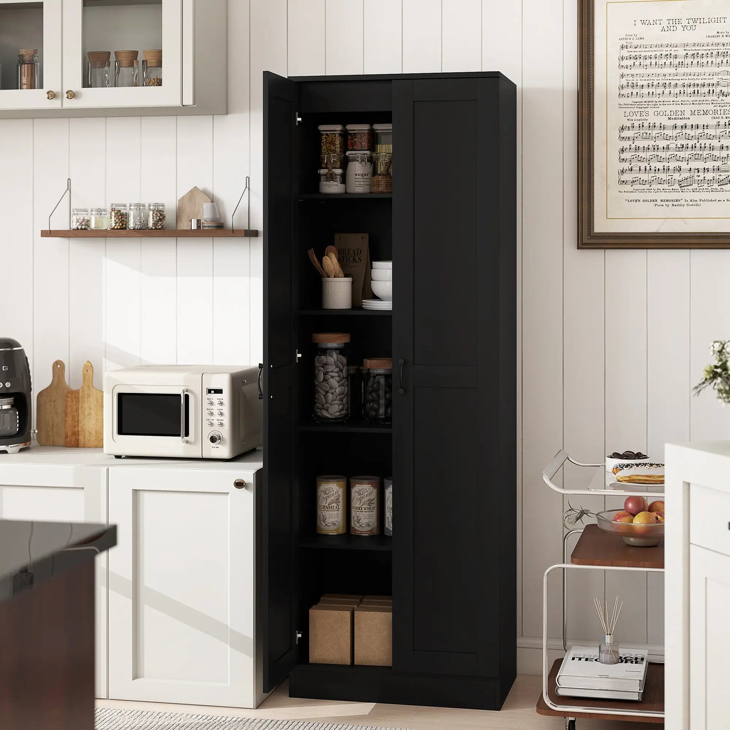 69" Tall Pantry Cabinet, Adjustable Shelves, Soft Close Doors, Black Kitchen Pantry Cabinets at Gallery Canada