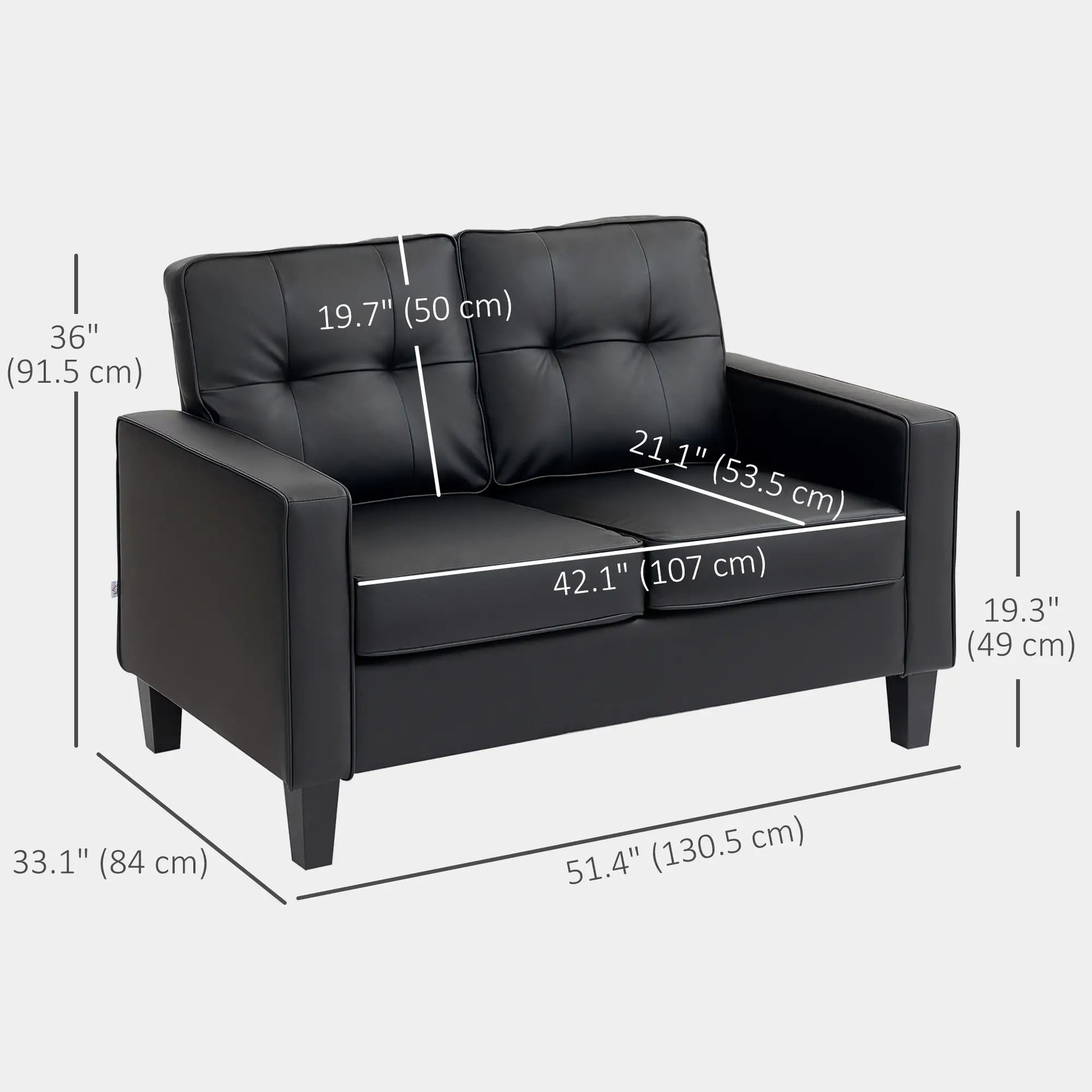 51" Double Sofa Couch, Upholstered PU Leather, Tufted Backrest, Black 2-Seater Sofas at Gallery Canada
