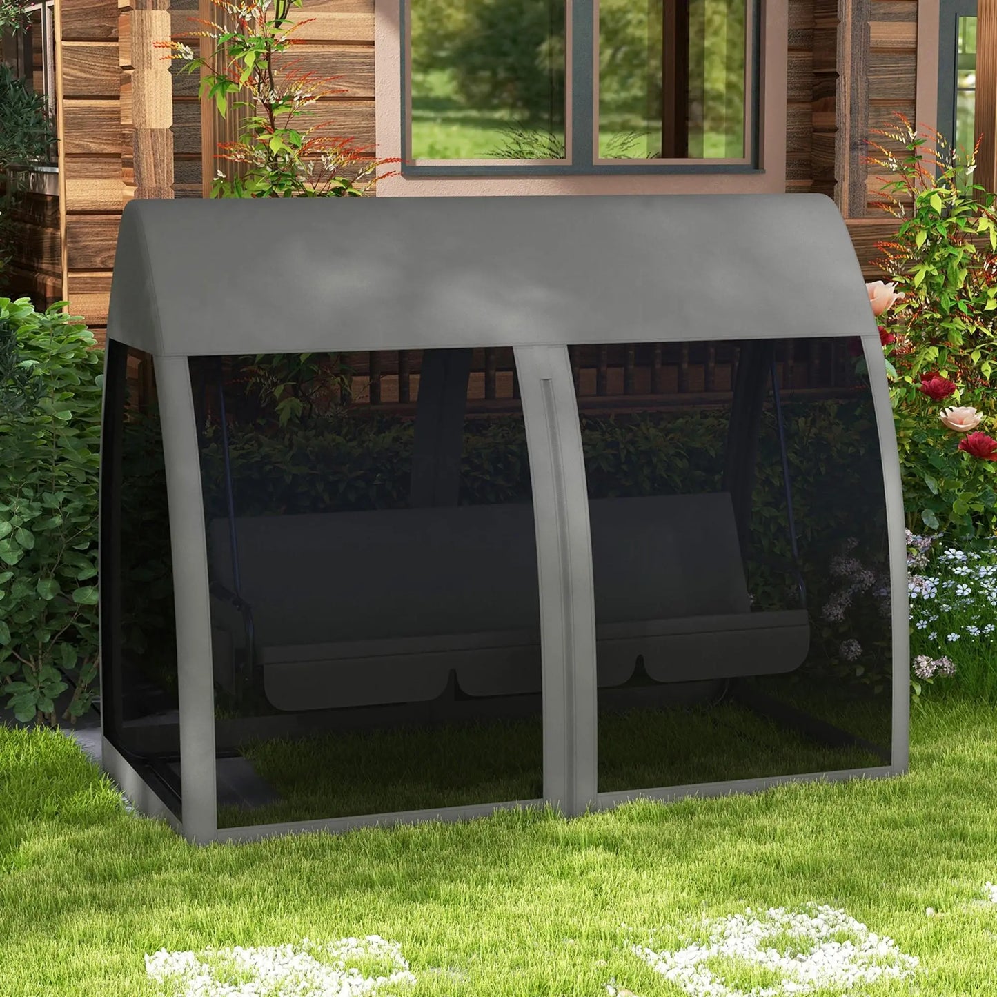 3-Seater Outdoor Swing Chair, Steel Stand, Canopy Netting, Dark Grey Porch Swings with Canopy at Gallery Canada