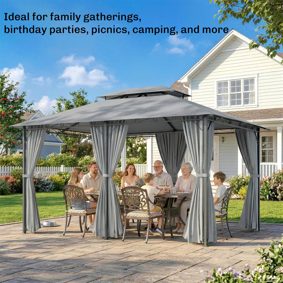13L x 10W x 8.7H Patio Gazebo, 2-Tier Canopy with Curtains, Grey Gazebos at Gallery Canada