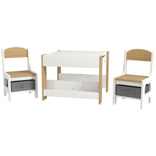 3 Piece Kids Table and Chair Set, Reversible Tabletop, Blackboard, Storage, Bookshelf, Natural
