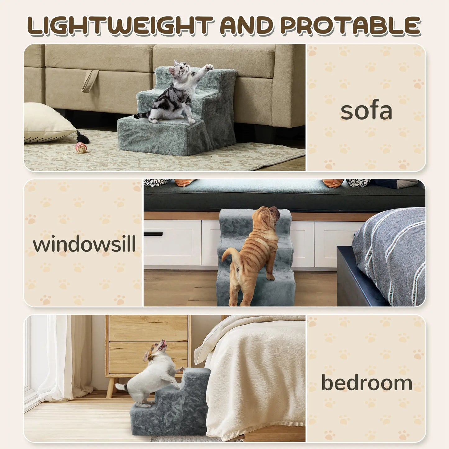 3-Step Dog Ramp for Sofa, Bed, Couch, Removable Cover, Light Grey Dog Stairs at Gallery Canada