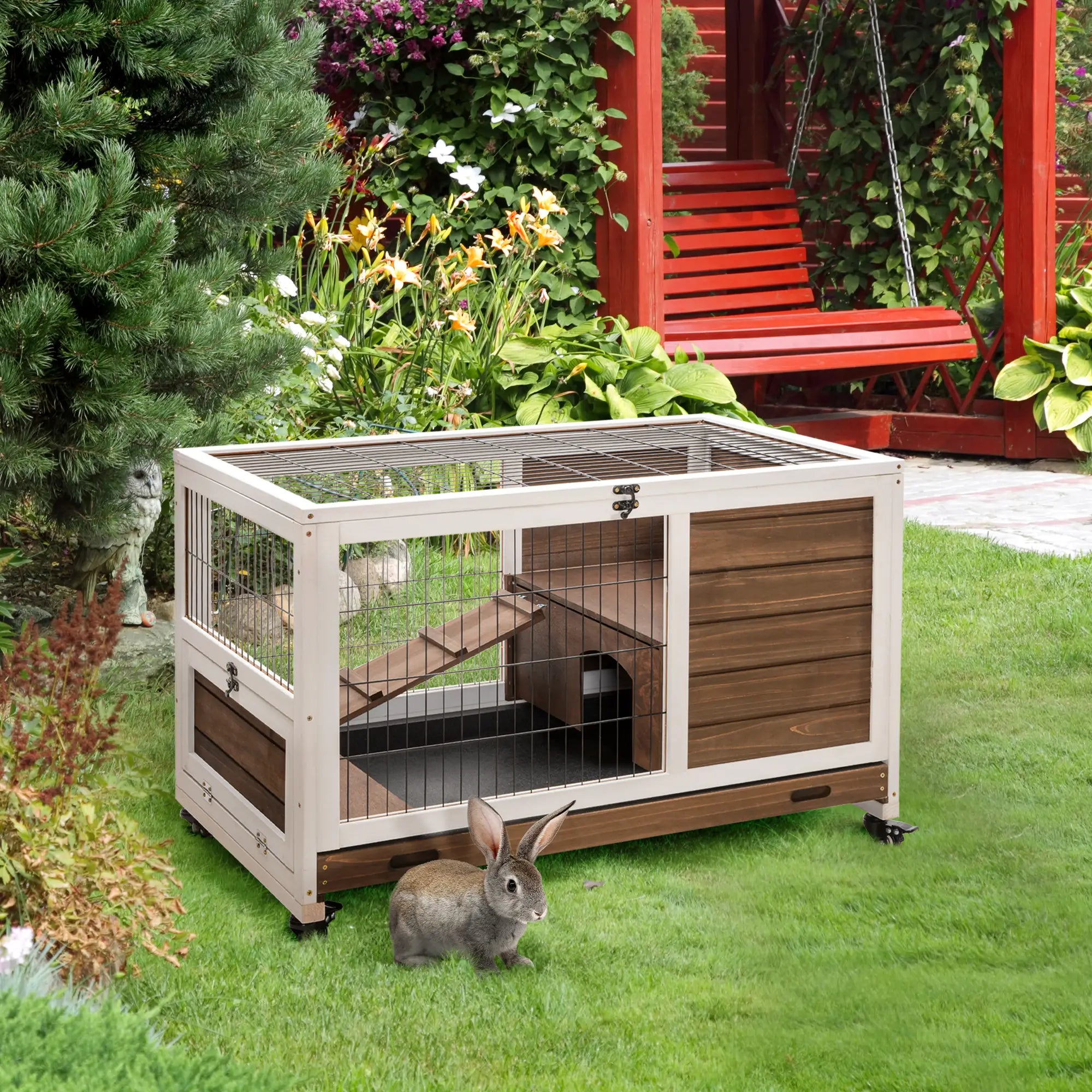 Wooden Indoor Rabbit Hutch, Elevated Bunny Cage with Wheels, Brown Rabbit Hutch at Gallery Canada
