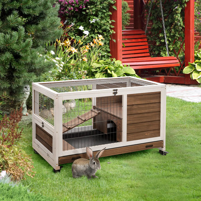 Wooden Indoor Rabbit Hutch, Elevated Bunny Cage with Wheels, Brown Rabbit Hutch at Gallery Canada