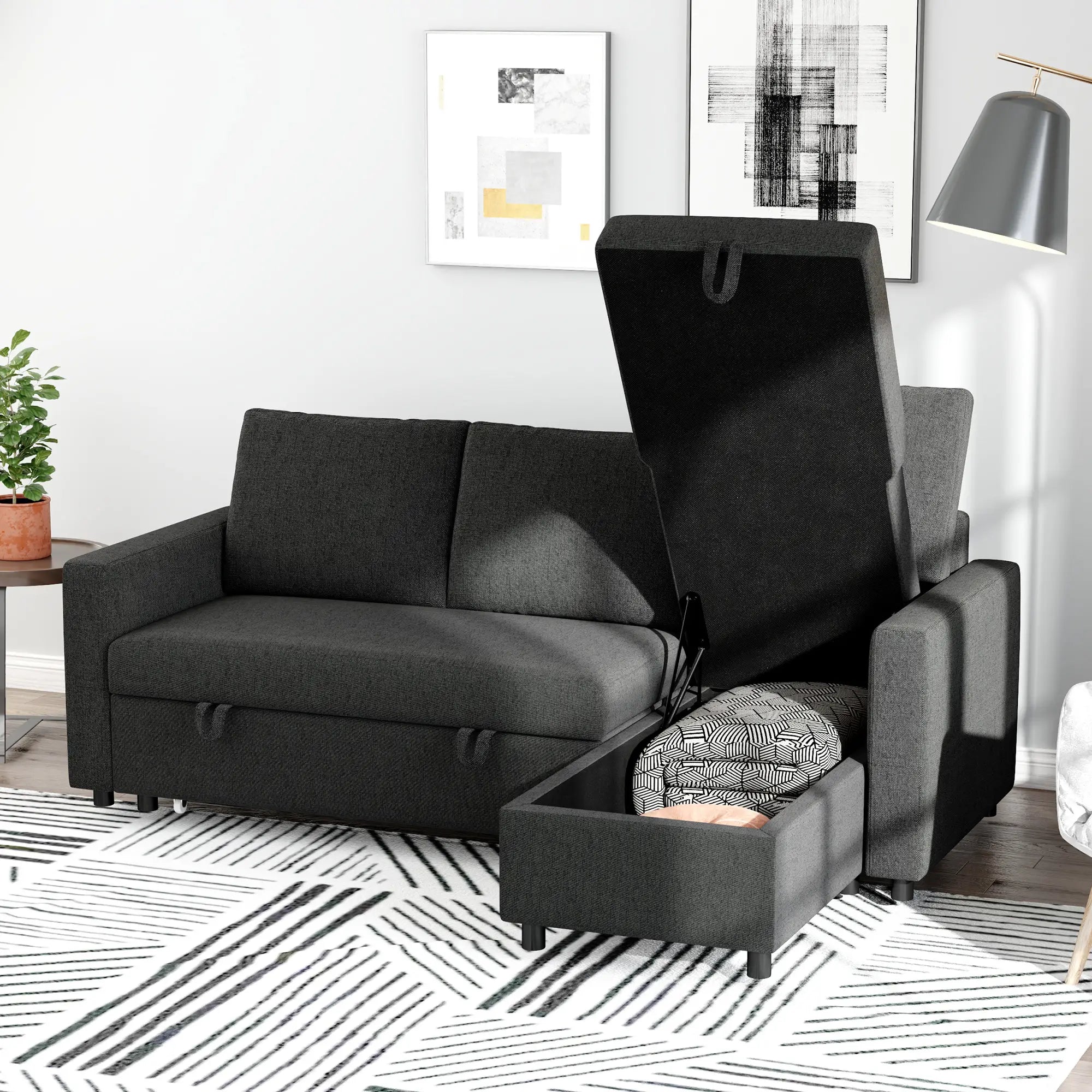 Convertible Corner Sofa Bed, Built-In Storage, 3 Removable Cushions, Black Sofas & Reclining Chairs at Gallery Canada