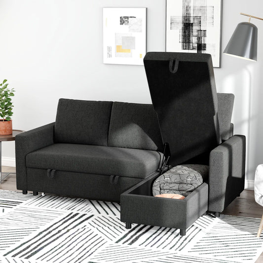 Convertible Corner Sofa Bed, Built-In Storage, 3 Removable Cushions, Black Sofas & Reclining Chairs Black at Gallery Canada