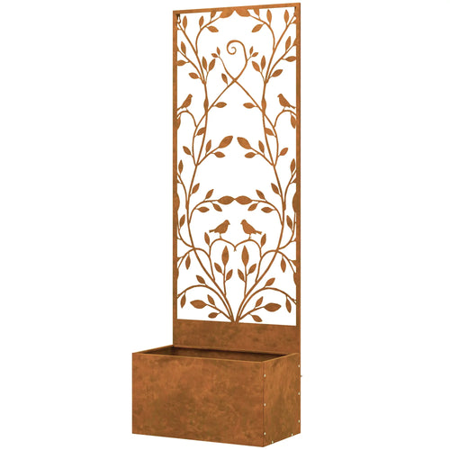 Raised Garden Bed with Privacy Screen, Metal Planter Box, Trellis, Brown