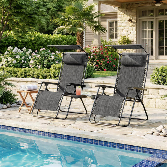 2 Piece Foldable Lounge Chair with Canopy, Outdoor Zero Gravity Chair, Dark Grey Lounger Chairs Dark Grey at Gallery Canada