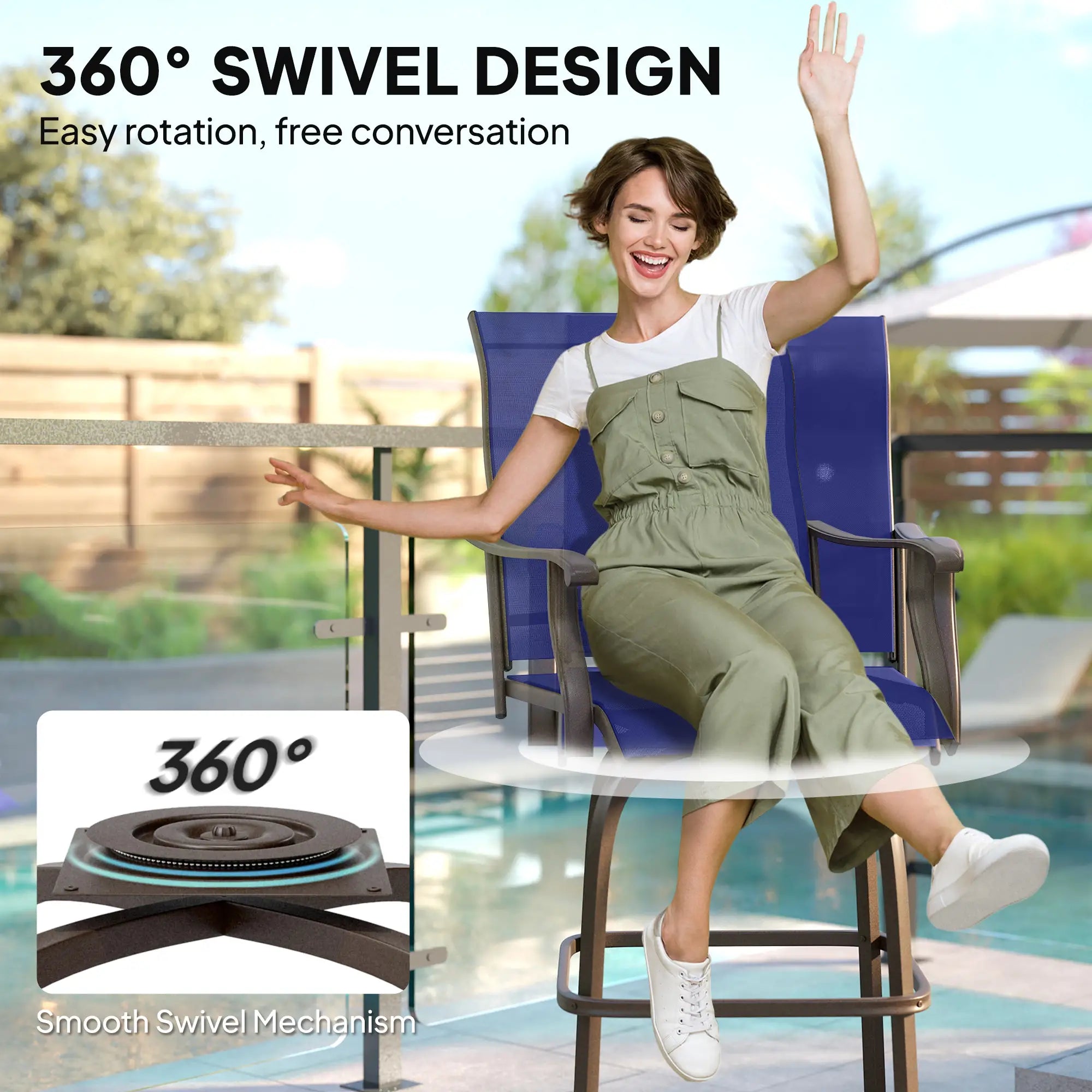 Swivel Bar Stools Set Of 2, Steel Frame, Navy Blue Bistro Sets at Gallery Canada