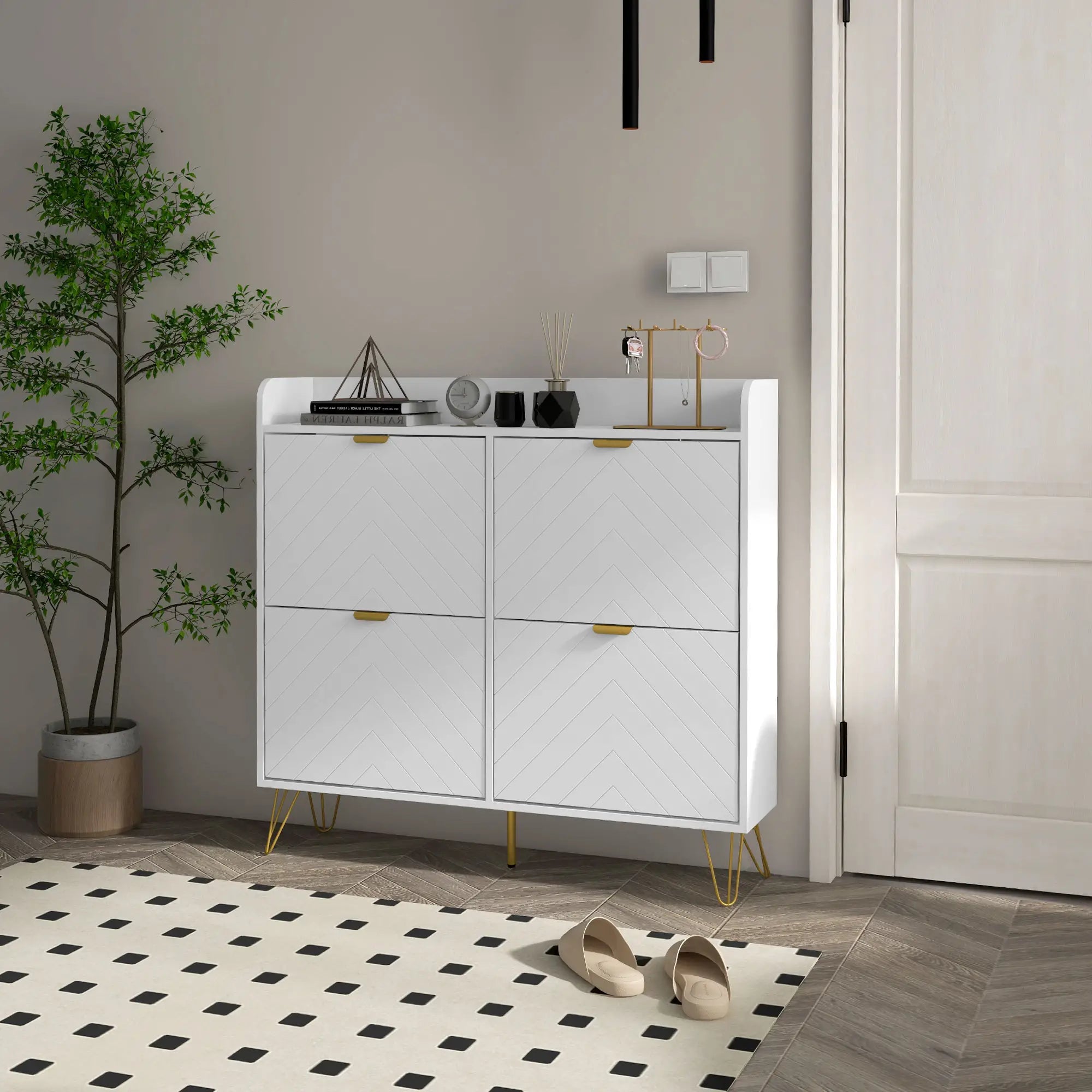 Shoe Storage Cabinet, 4 Flip Drawers, Adjustable Shelf, Holds 16 Pairs, White Shoe Storage Cabinets & Racks at Gallery Canada