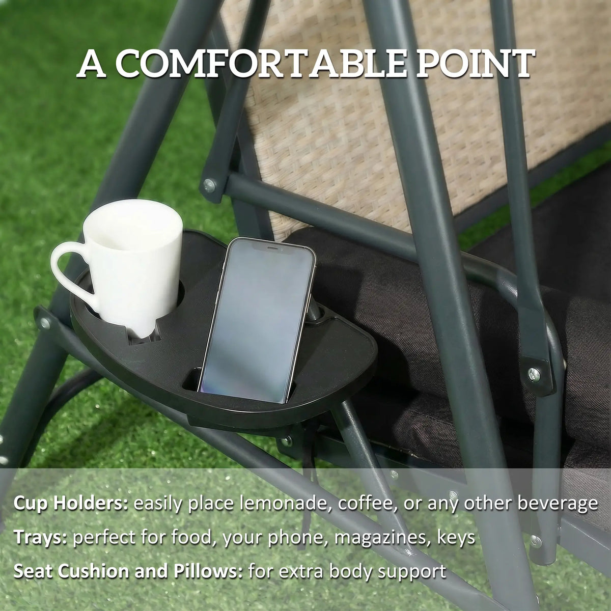 Outdoor 3-Seat Porch Swing, Rattan Seat, Removable Cushion Patio Swings with Stand at Gallery Canada