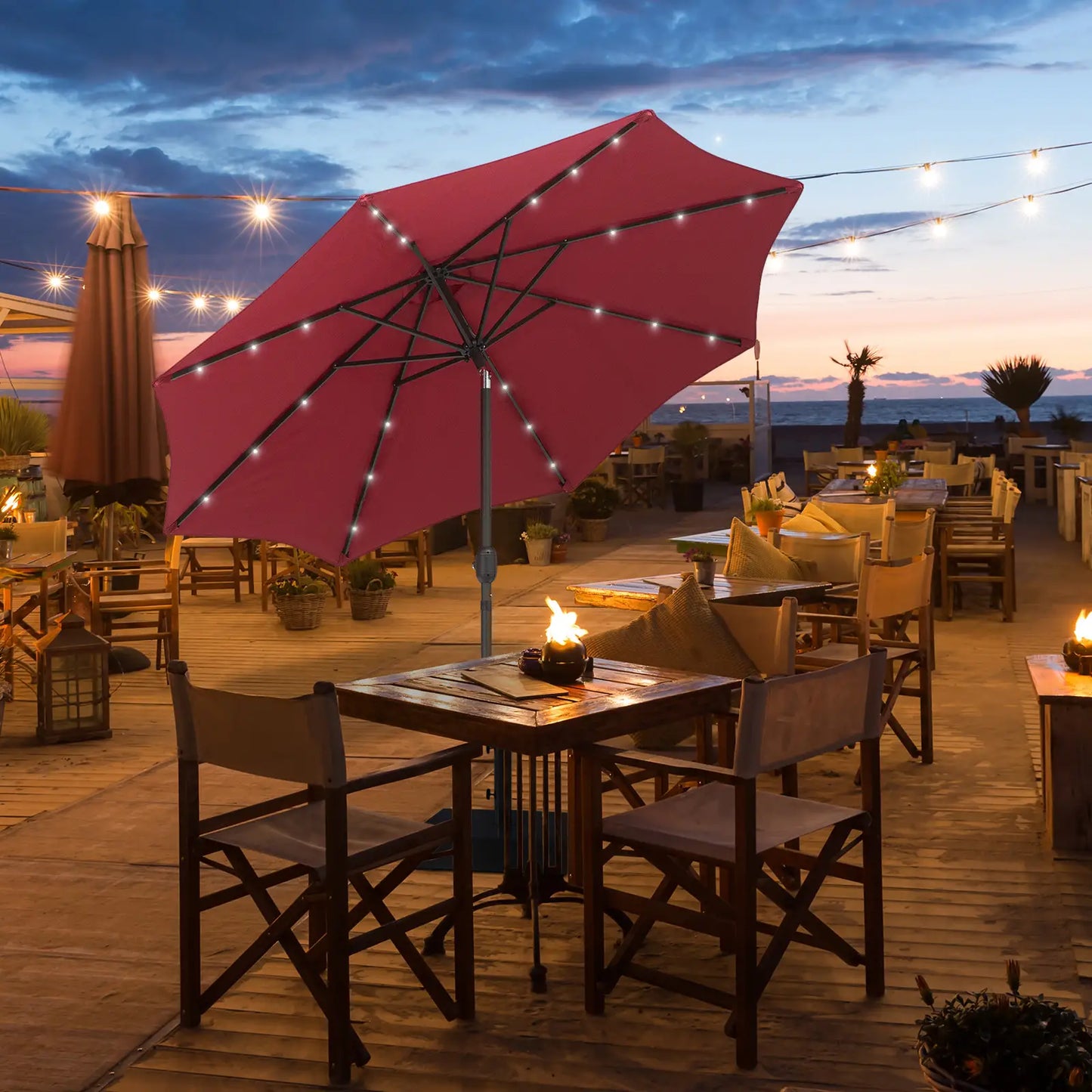9ft Solar Patio Umbrella, 24 LED Lights, Tilt Canopy, Wine Red Sun Umbrellas at Gallery Canada