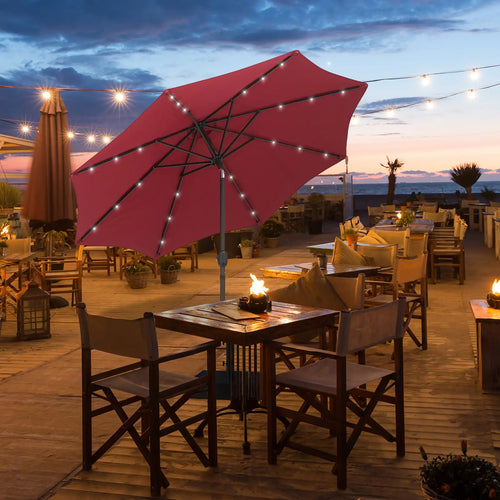9ft Solar Patio Umbrella, 24 LED Lights, Tilt Canopy, Wine Red