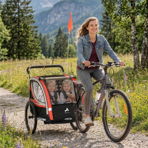 3-In-1 Bike Trailer, Running Stroller, 2 Seats, 5-Point Harness, Storage, Red