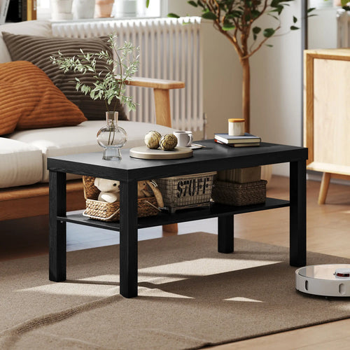 2 Tier Coffee Table, Rectangular Center Table with Storage Shelf, Black