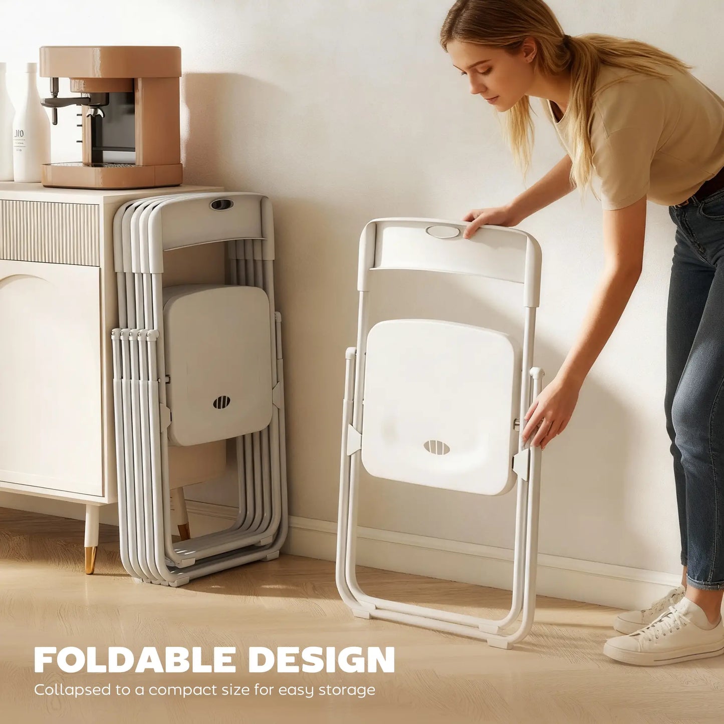 Chaises pliantes lot de 6, plastique avec cadre en acier, blanc