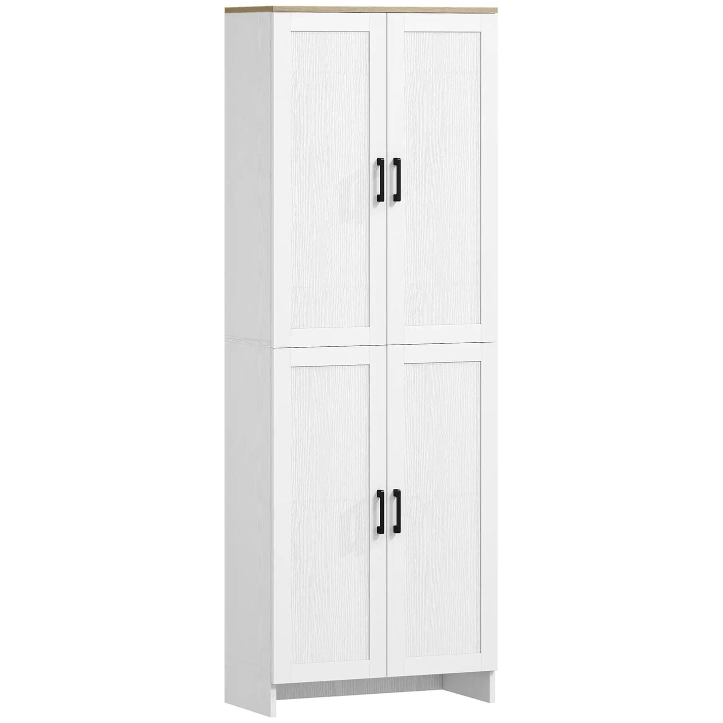 67" 4-Door Kitchen Pantry Cabinet, Freestanding, Adjustable Shelves, White Kitchen Pantry Cabinets White and Natural Wood Effect Top at Gallery Canada
