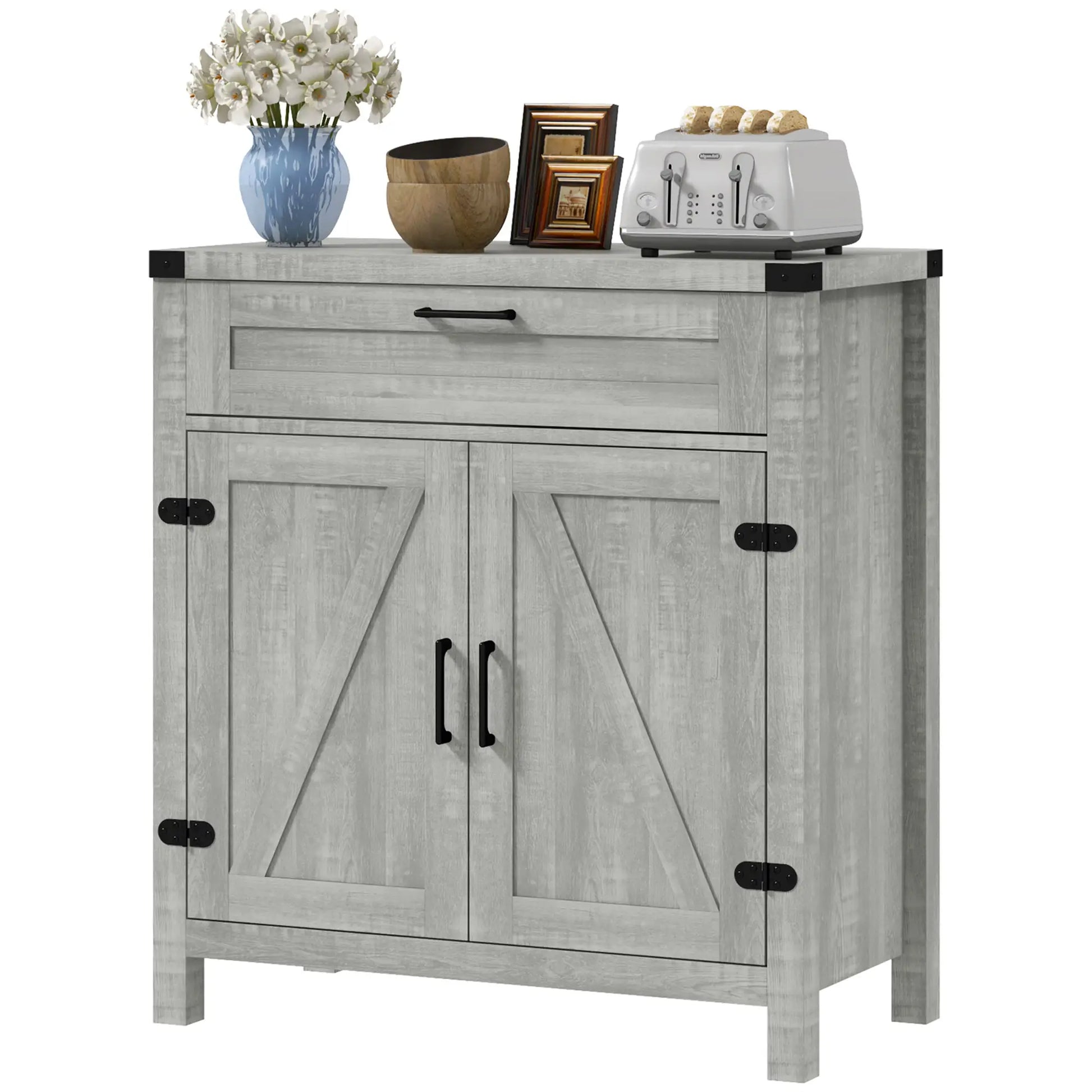 Farmhouse Kitchen Cabinet, Sideboard with 2 Barn Doors, Drawer, Grey Bar Cabinets at Gallery Canada