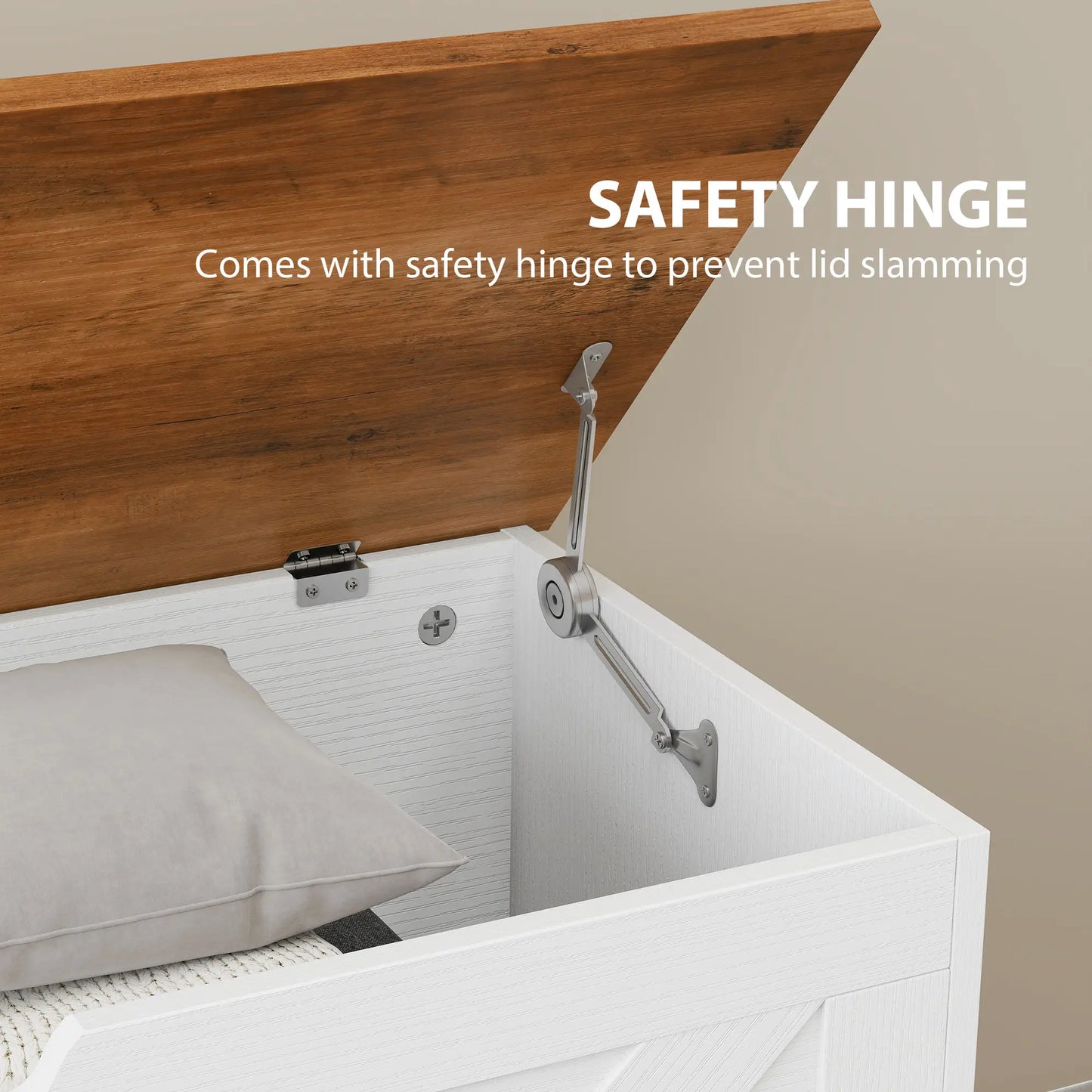 39.4 Inches Storage Chest, Brown White Wood Grain, Safety Hinges, Brown White