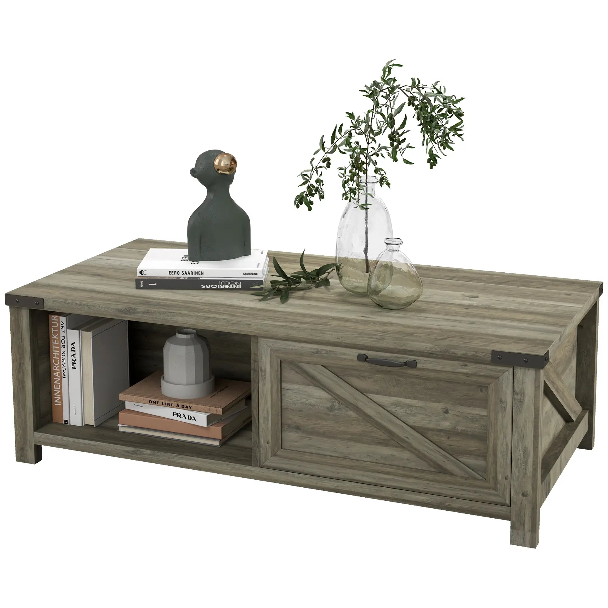 Farmhouse Coffee Table with Drawer, Storage Shelf, Grey Coffee Tables at Gallery Canada
