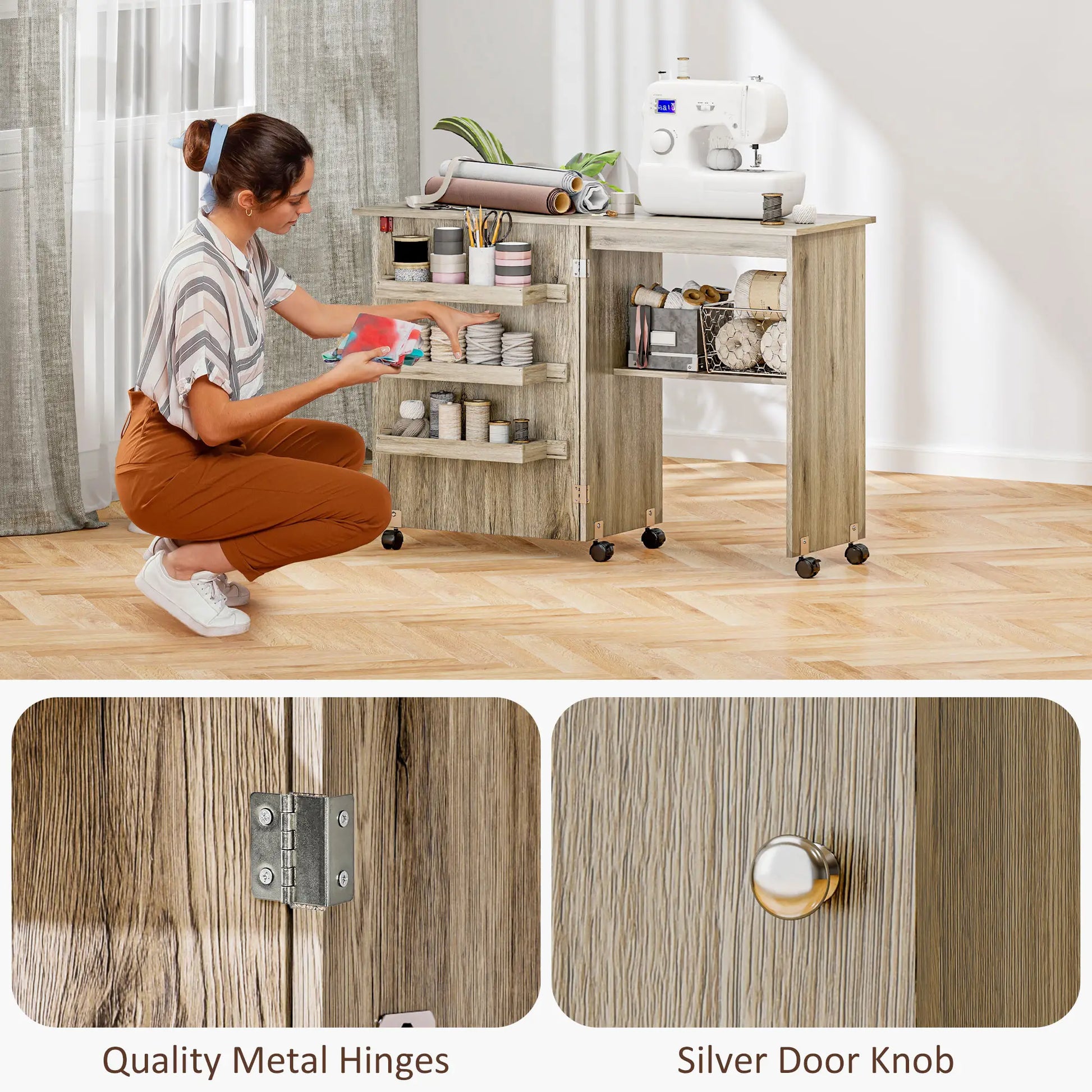 Folding Sewing Table with Storage Shelf, Bins, Lockable Wheels, Grey Storage Cabinets at Gallery Canada