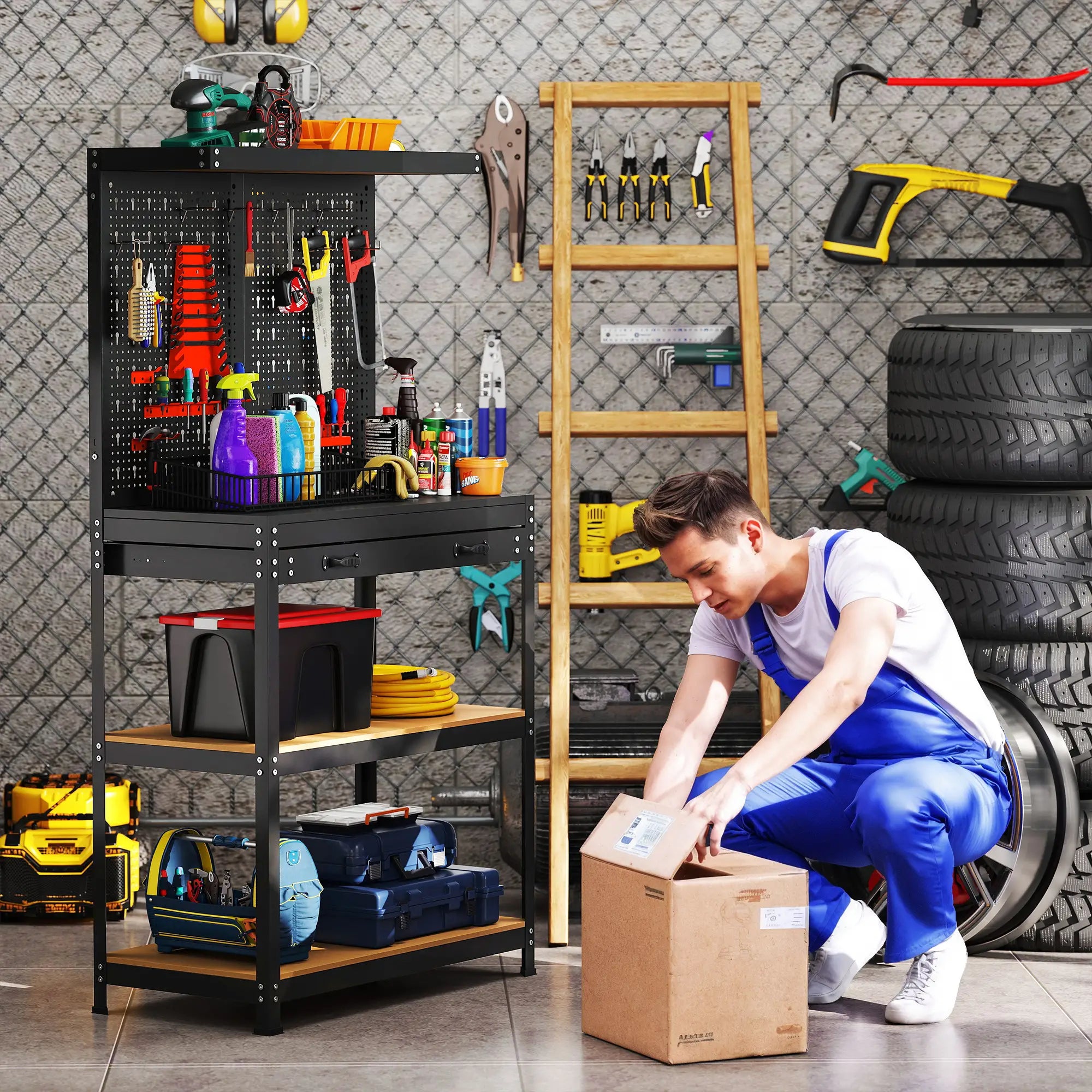 31.5 Inch Workbench with Pegboard, 2 Shelves, Drawer, Black Tool Organizers at Gallery Canada