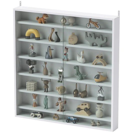 Vitrine en verre à 7 niveaux, 2 portes en verre, 6 étagères réglables, Blanc